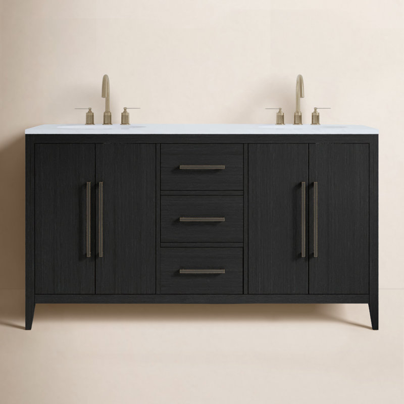 A modern black bathroom vanity with a white countertop and two faucets