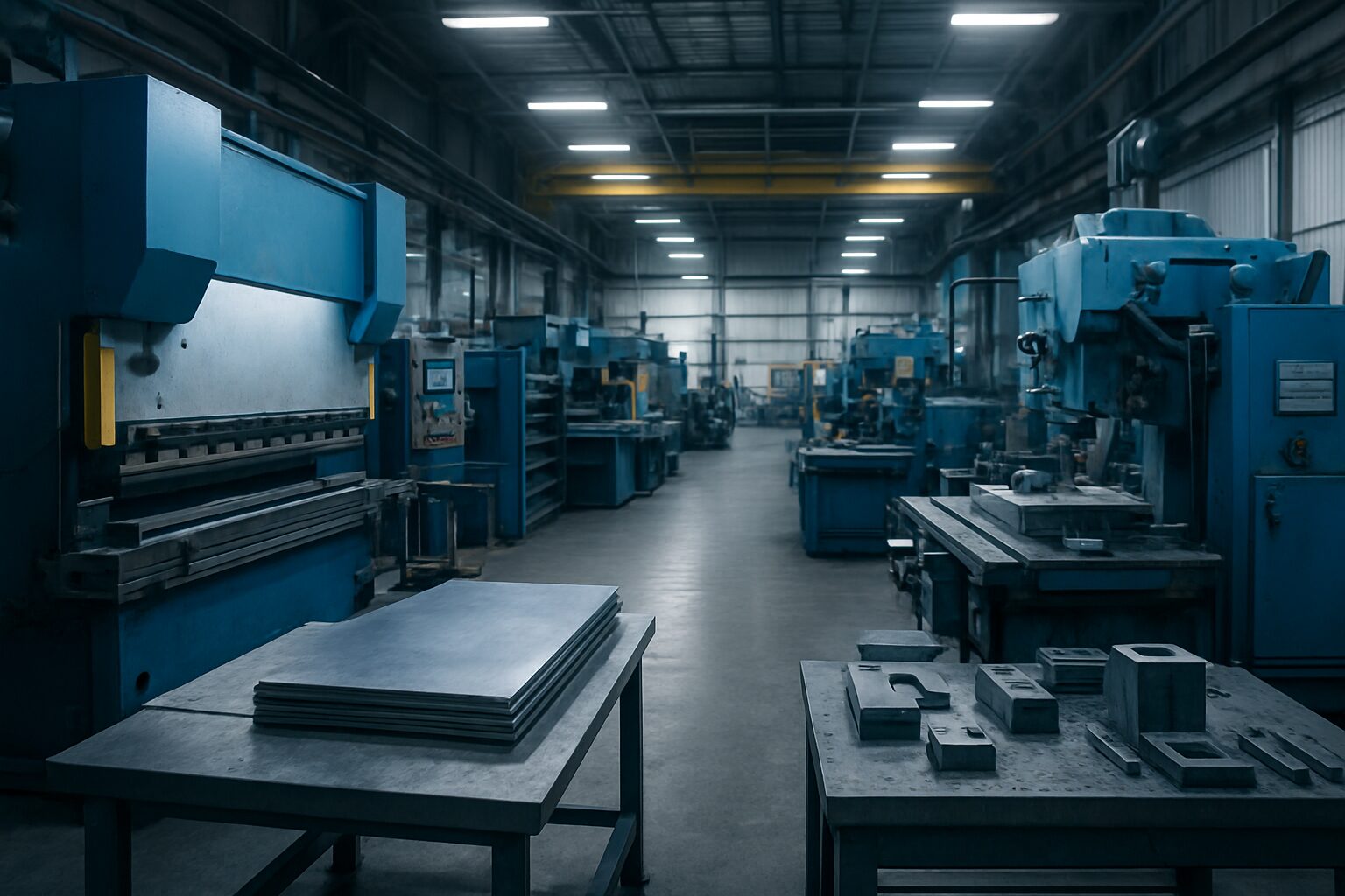 Industrial metal fabrication workshop with machines and metal sheets