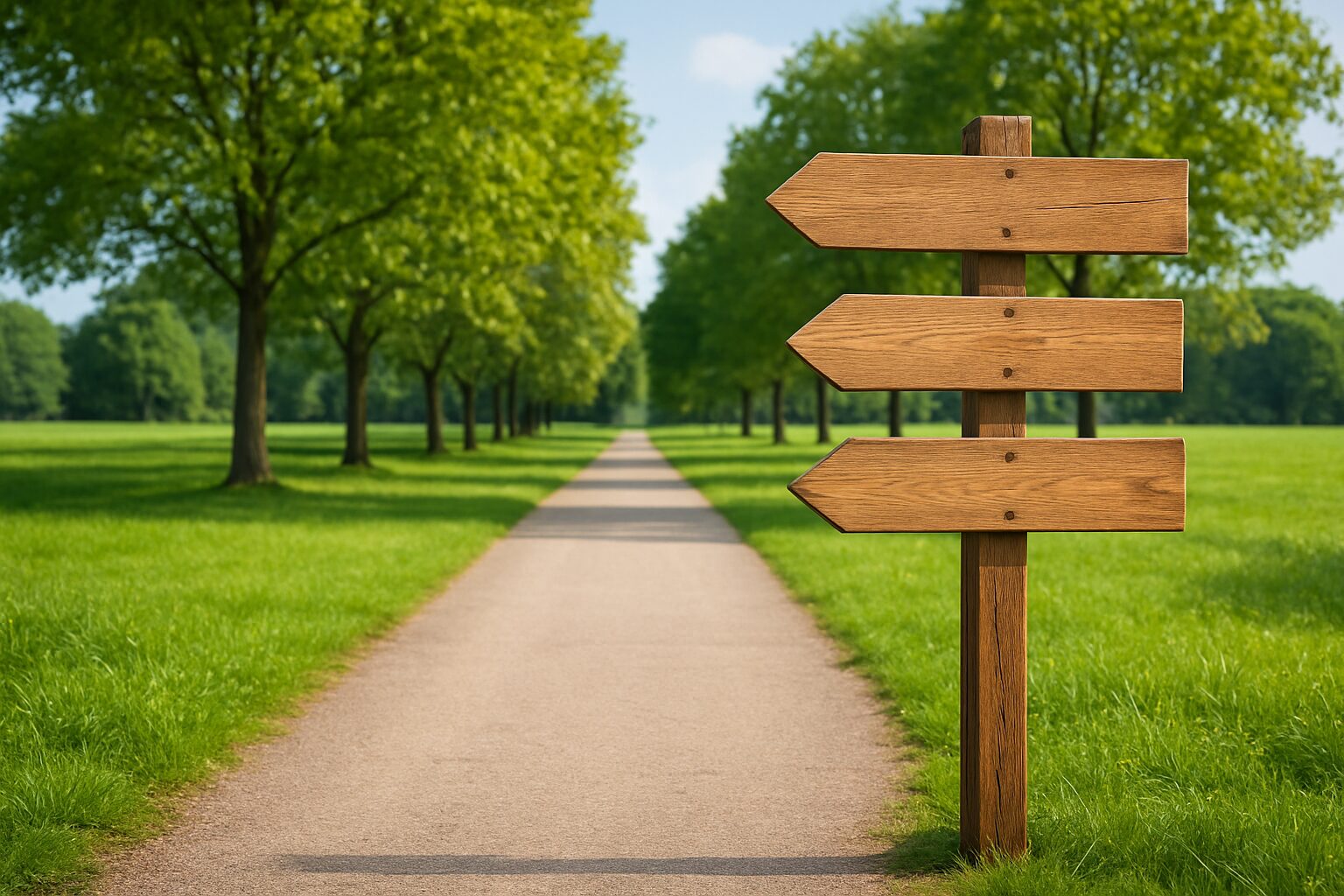 Wooden directional signpost with multiple arrows in a park setting
