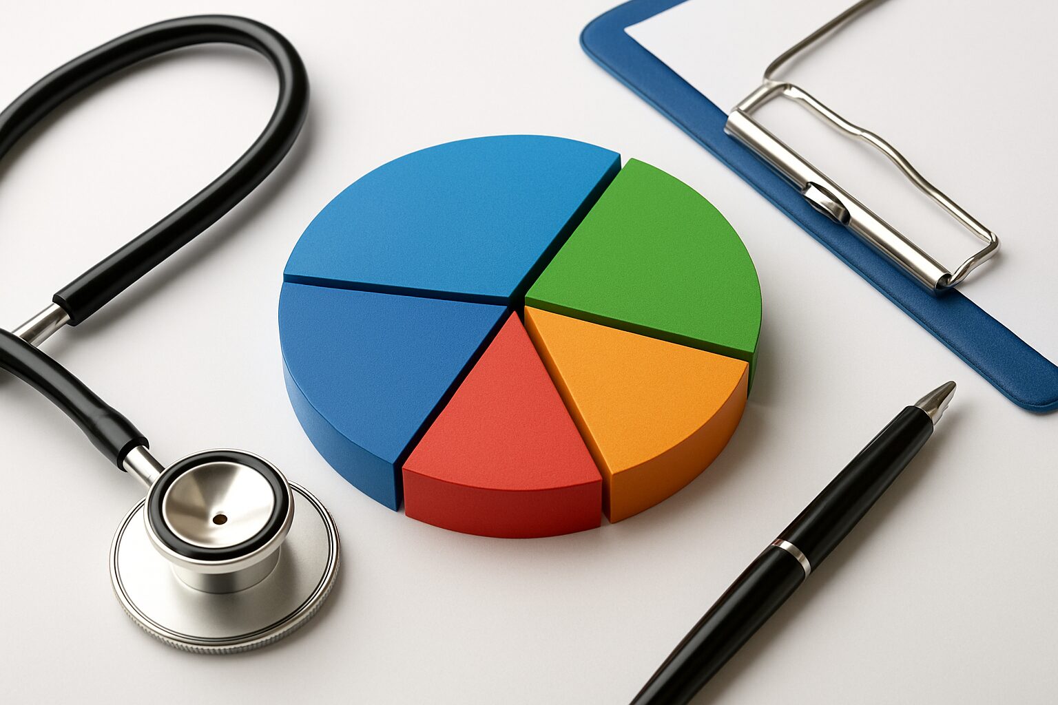 A stethoscope next to a colorful pie chart and a clipboard on a white background.