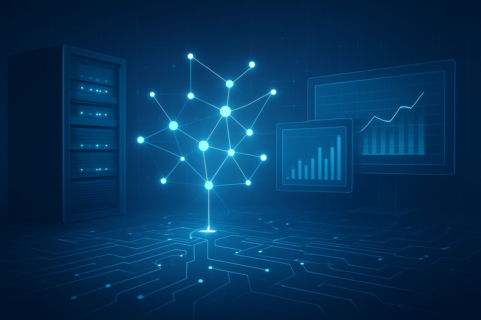 Abstract representation of a digital network with data servers and graphs