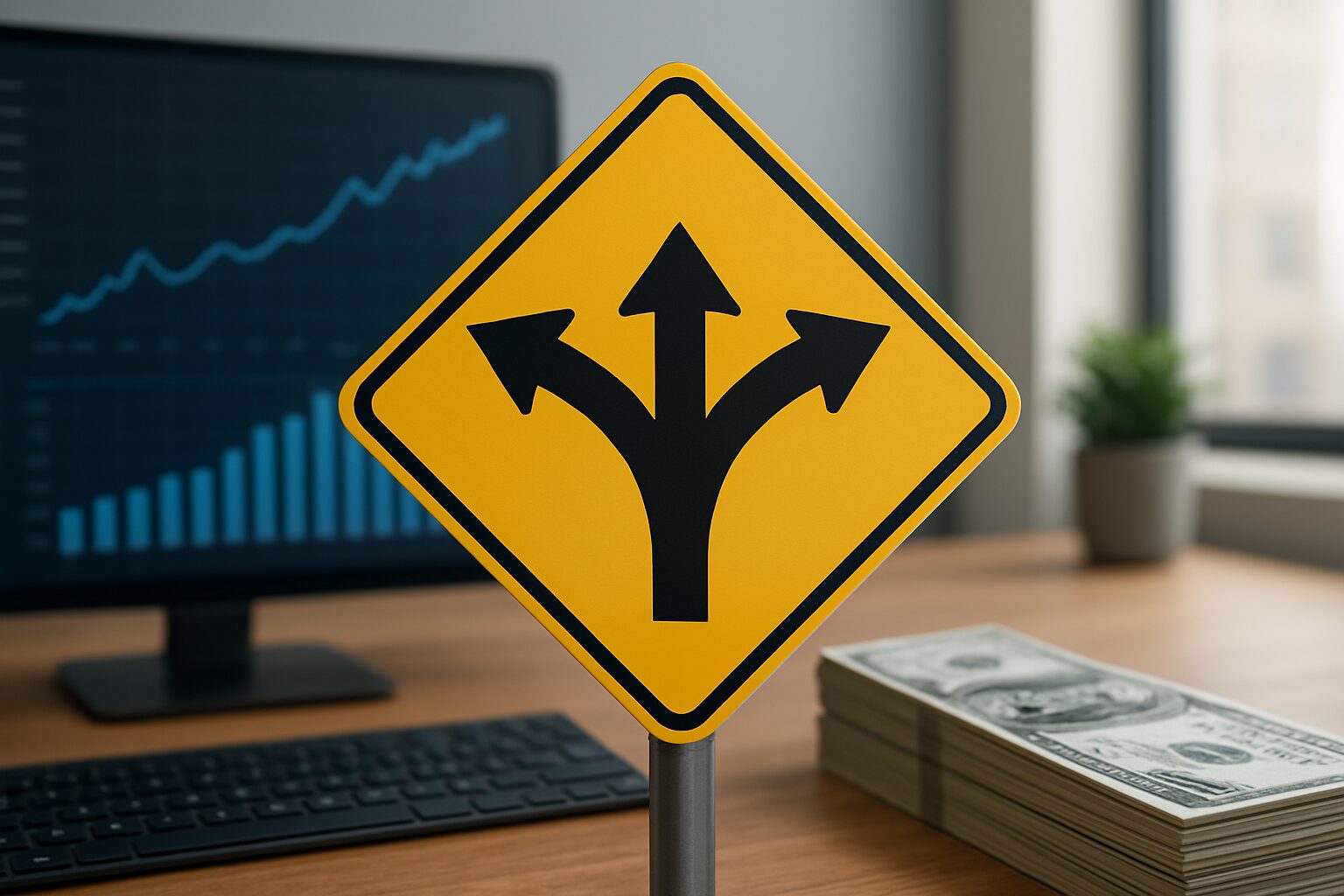 A directional sign with arrows indicating choices, placed on a desk with stacks of money in the background and a compute