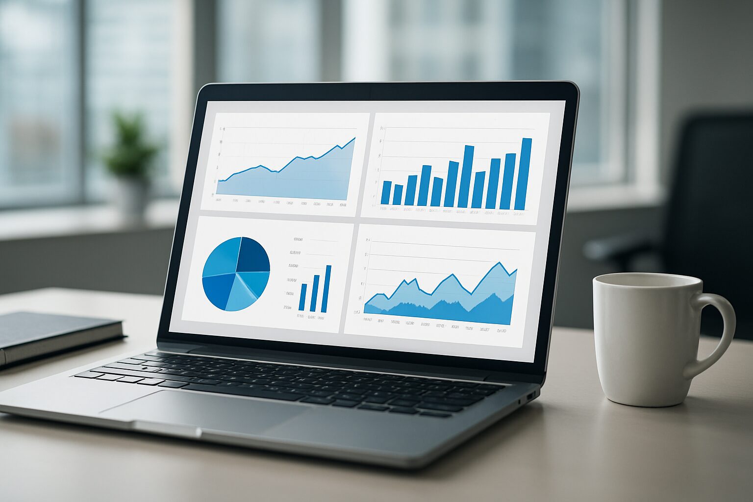 A laptop displaying various blue data charts and graphs on a desk with a white mug and a notebook.