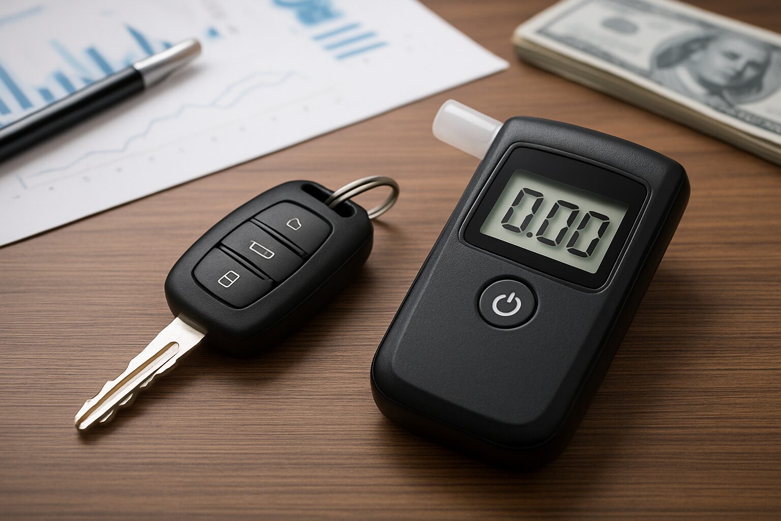 A breathalyzer, car key, and cash arranged on a wooden surface, symbolizing DUI consequences.