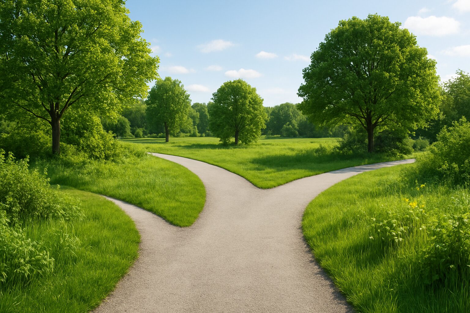 Two pathways diverging in a green park surrounded by trees, symbolizing choices in life.